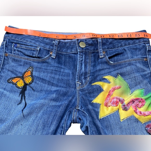 Jeans LOYAL MUSE UPCYCLED Sz 8 Reg Embroidery Butterfly Patches LOVE Rainbow 🌈 - Picture 12 of 14